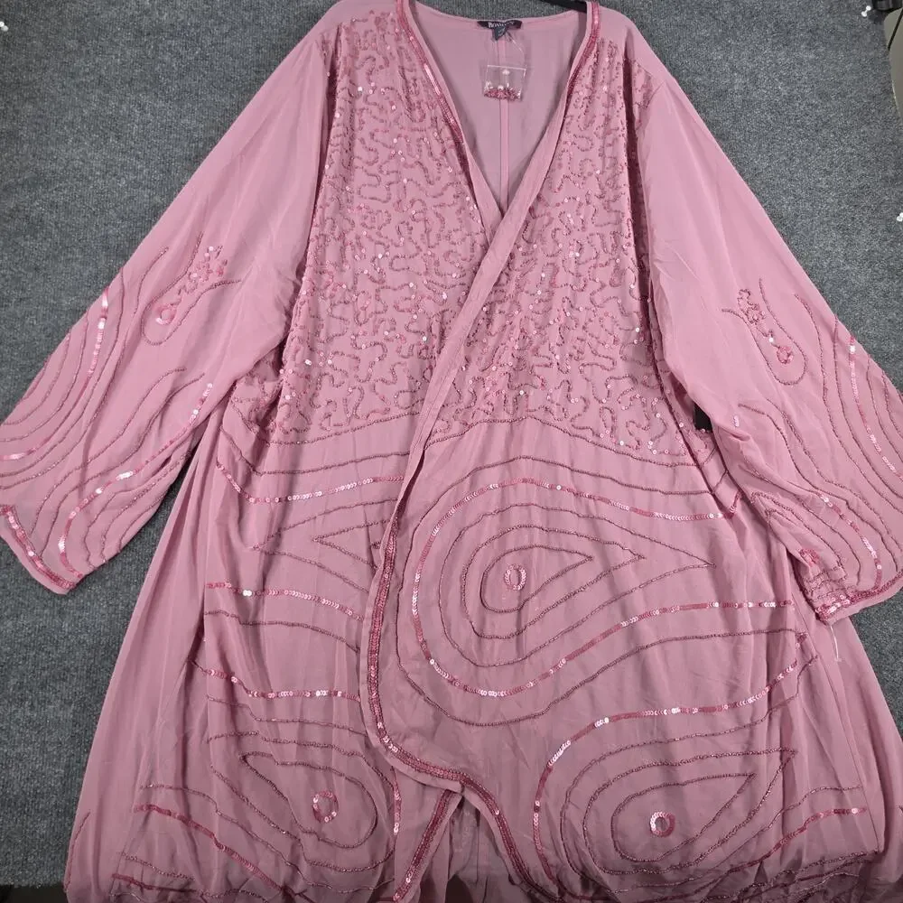Roaman's Women 44W Mauve Pink 3PC Sequin Beaded Duster Pant Set Formal Plus Size